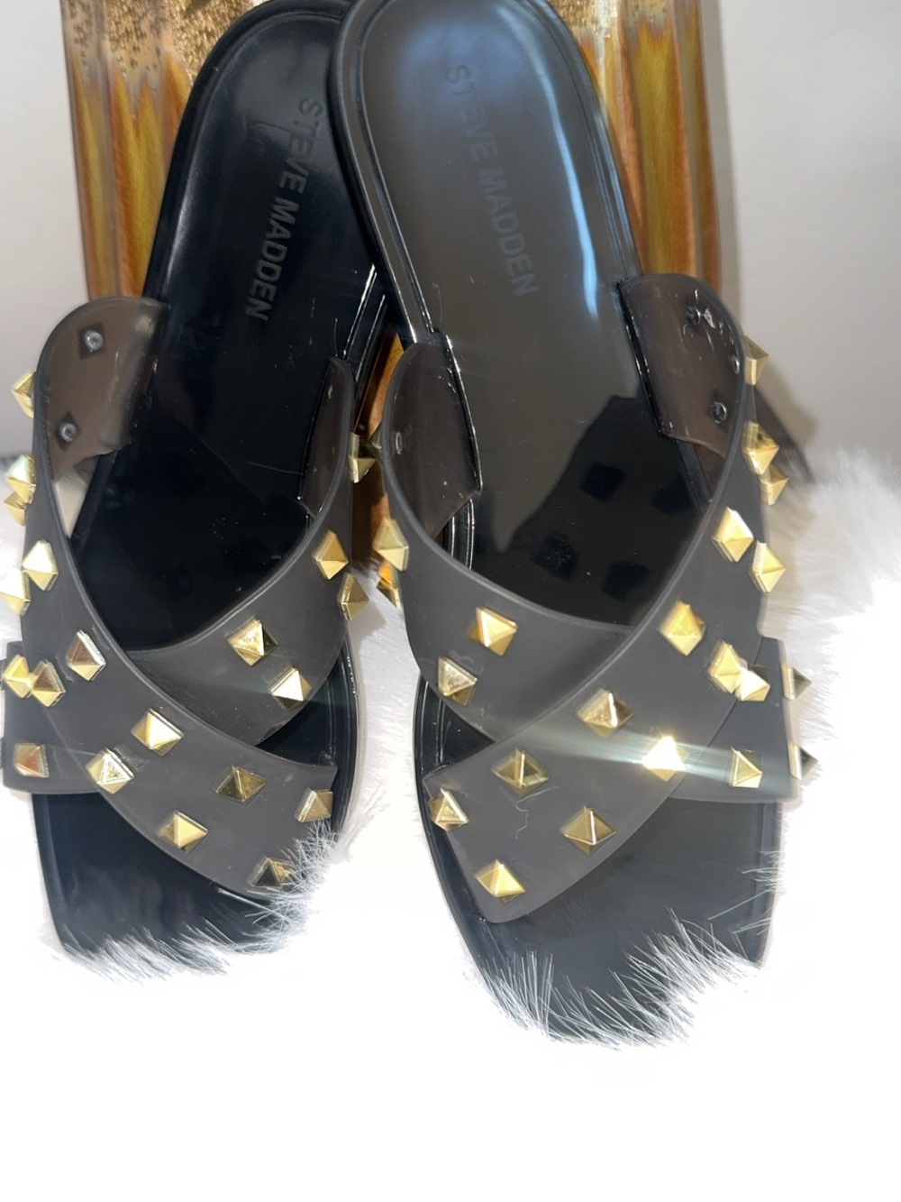 Steve Madden Black Slide Sandals with Gold Pyramid Studs
